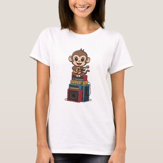 Cute Cartoon Monkey Musician Playing Ukulele Tシャツ (正面)