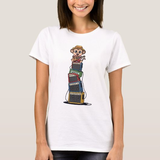 Cute Cartoon Monkey Rocker Playing Ukulele Tシャツ (正面)