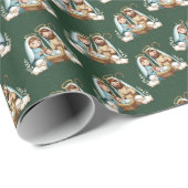Cute Cartoon Nativity Scene | Green Damask Pattern ラッピングペーパー (ロールコーナー)