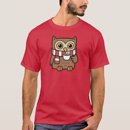 Cute Cartoon Owl Drinking Coffee Lover Gift Tシャツ (正面)