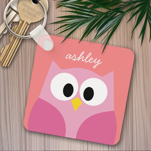 Cute Cartoon Owl in Pink and Coral キーホルダー