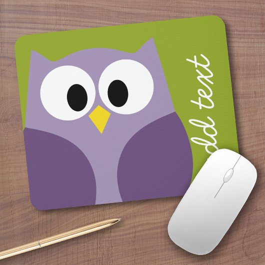 Cute Cartoon Owl Purple and Pistachio Custom Name マウスパッド