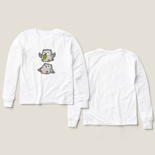 Cute Cartoon Owls Eating Grapes Funny Gray Owl (デザイン 正面＆背面)