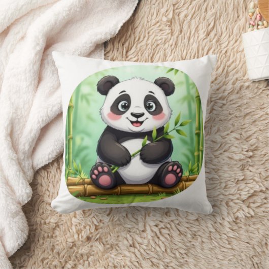Cute Cartoon Panda on Bamboo Patch クッション (ブランケット)