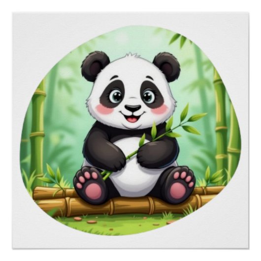 Cute Cartoon Panda on Bamboo Patch ポスター (正面)