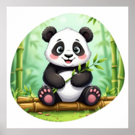 Cute Cartoon Panda on Bamboo Patch ポスター