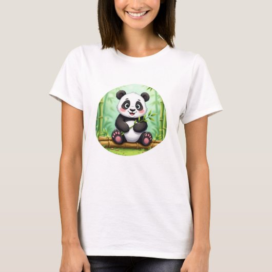 Cute Cartoon Panda on Bamboo Patch Tシャツ (正面)