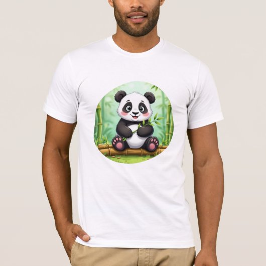 Cute Cartoon Panda on Bamboo Patch Tシャツ (正面)