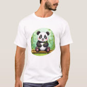 Cute Cartoon Panda on Bamboo Patch Tシャツ (正面)