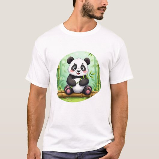 Cute Cartoon Panda on Bamboo Patch Tシャツ (正面)