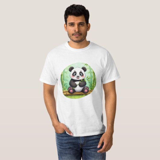 Cute Cartoon Panda on Bamboo Patch Tシャツ (正面フル)