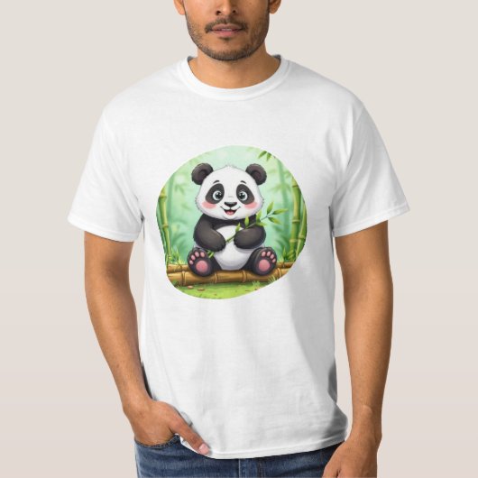 Cute Cartoon Panda on Bamboo Patch Tシャツ (正面)