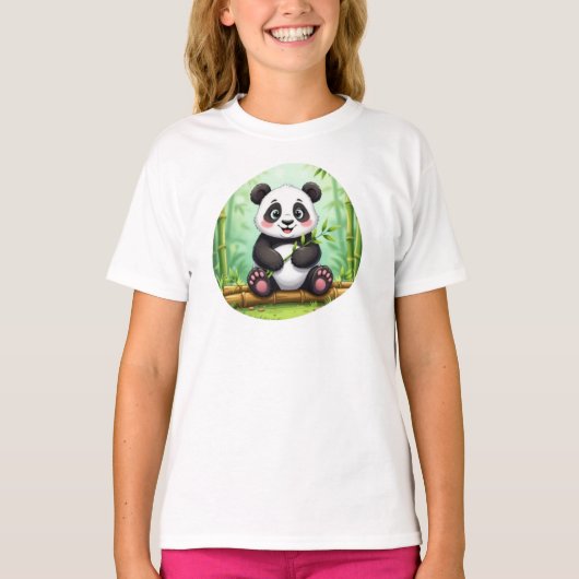 Cute Cartoon Panda on Bamboo Patch Tシャツ (正面)