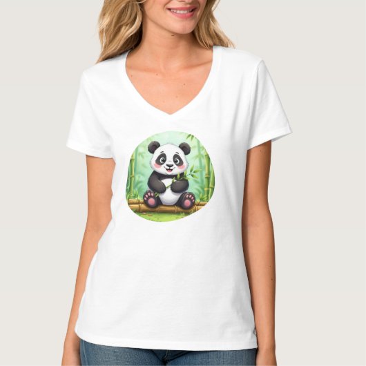Cute Cartoon Panda on Bamboo Patch Tシャツ (正面)