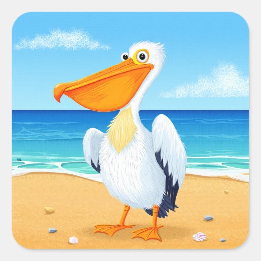 Cute Cartoon Pelican, sea bird スクエアシール (正面)