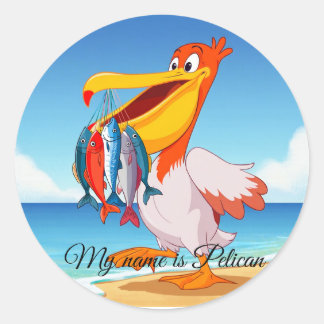 Cute Cartoon Pelican with Fish Sticker ラウンドシール