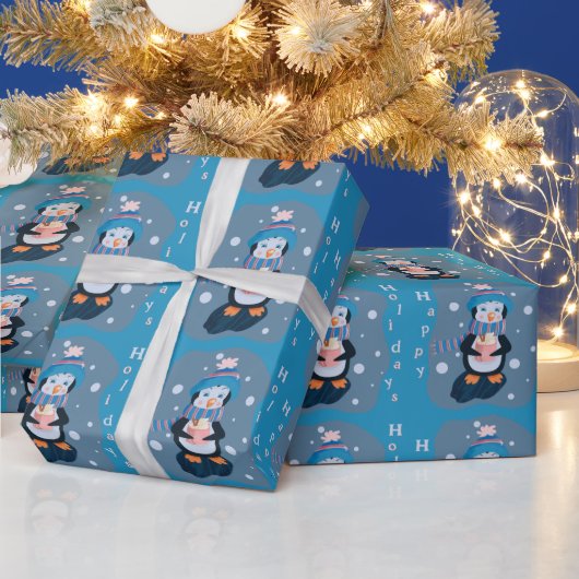 Cute Cartoon Penguin Blue Holidays Wrapping Paper ラッピングペーパー (クリスマス)