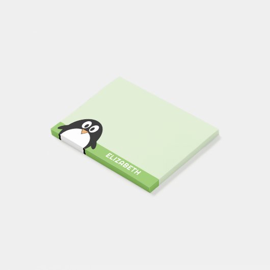 Cute Cartoon Penguin - Custom Name Green ポストイット (アングル)