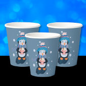 Cute Cartoon Penguin with Hot Cocoa Blue Paper Cup 紙コップ