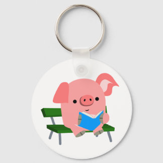 Cute Cartoon Pig'読s on a Bench Keychain キーホルダー