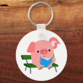 Cute Cartoon Pig'読s on a Bench Keychain キーホルダー (正面)