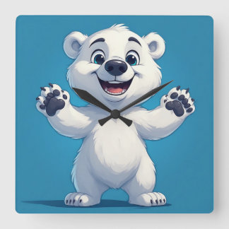 Cute Cartoon Polar Bear Character  スクエア壁時計