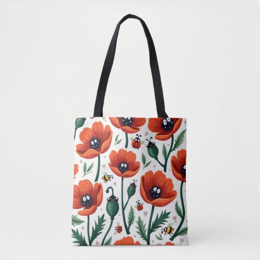 Cute Cartoon Pop Art Poppies Bees Ladybugs Women トートバッグ (正面)