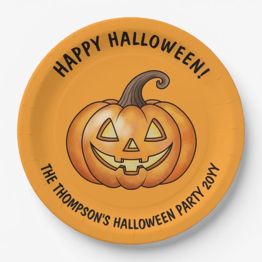 Cute Cartoon Pumpkin Orange Happy Halloween ペーパープレート (正面)