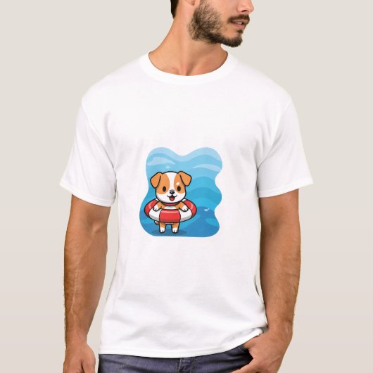 Cute Cartoon Puppy Floating in Lifebuoy Tシャツ (正面)