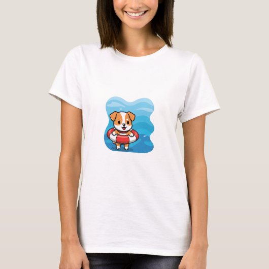 Cute Cartoon Puppy Floating in Lifebuoy Tシャツ (正面)