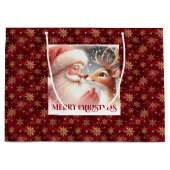 Cute Cartoon Santa and Red Nose Rudolph Gift Bag ラージペーパーバッグ (正面)