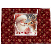 Cute Cartoon Santa and Red Nose Rudolph Gift Bag ラージペーパーバッグ (裏面)