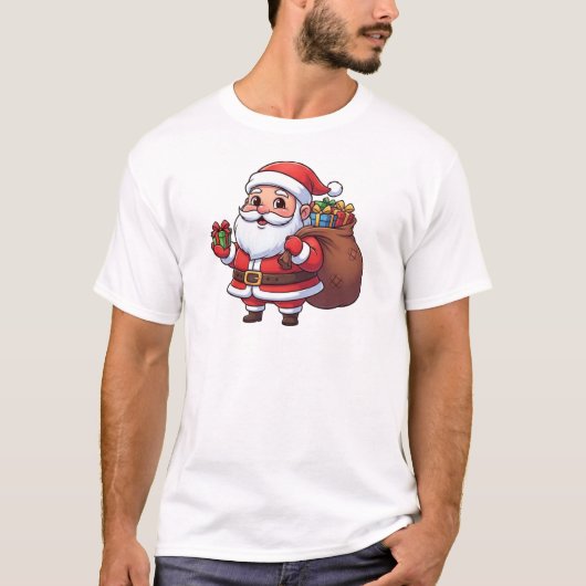 Cute Cartoon Santa Claus Holding Gift with Sack Tシャツ (正面)