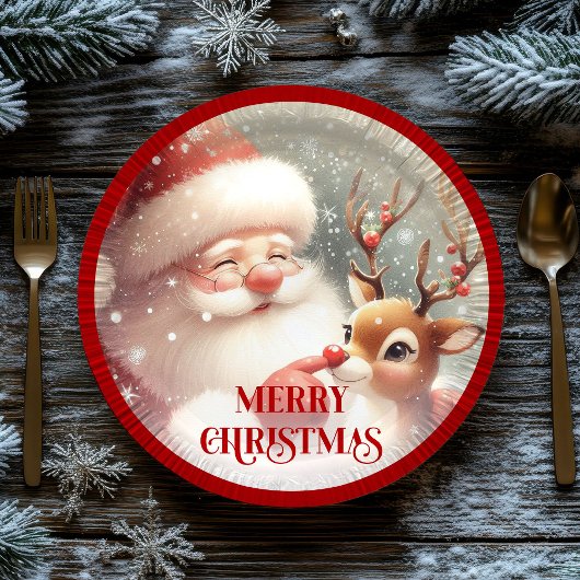 Cute Cartoon Santa Rudolph Christmas Party Plates ペーパープレート