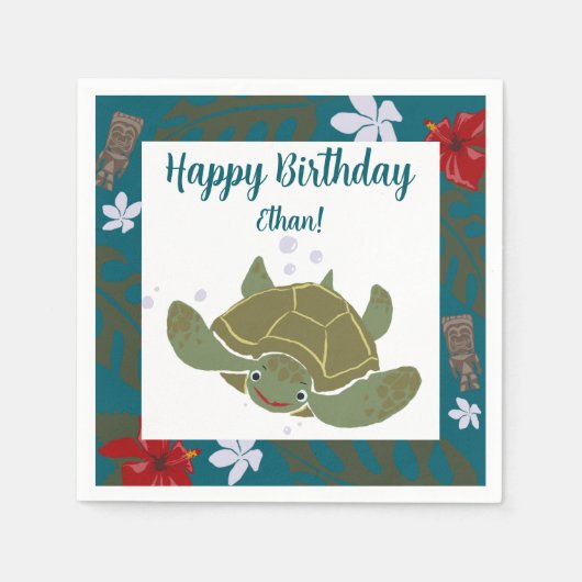 Cute Cartoon Sea Turtle Birthday Paper Napkin スタンダードカクテルナプキン (正面)