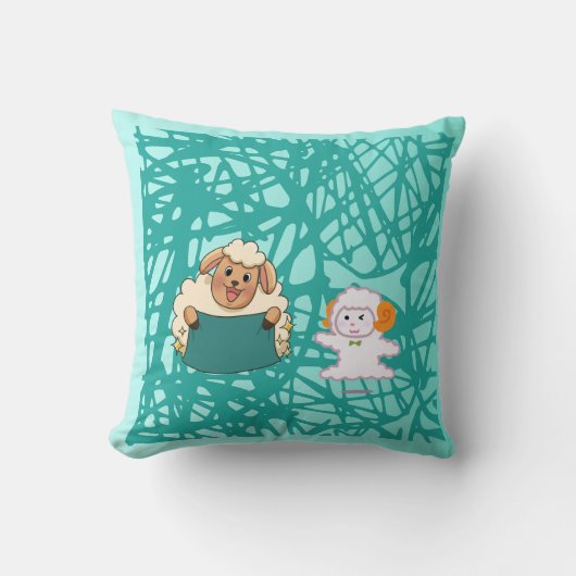Cute Cartoon Sheep and Lamb Whimsical Kids Nursery クッション (正面)