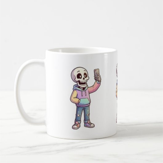 Cute Cartoon Skeleton Selfie - Full Body Trendy Ou コーヒーマグカップ (左)