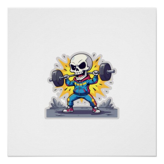 “Cute Cartoon Skeleton Weightlifter • Funny Gym Ba ポスター (正面)