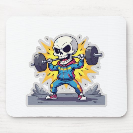 “Cute Cartoon Skeleton Weightlifter • Funny Gym Ba マウスパッド (正面)