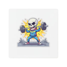 “Cute Cartoon Skeleton Weightlifter • Funny Gym Ba メタルプリント