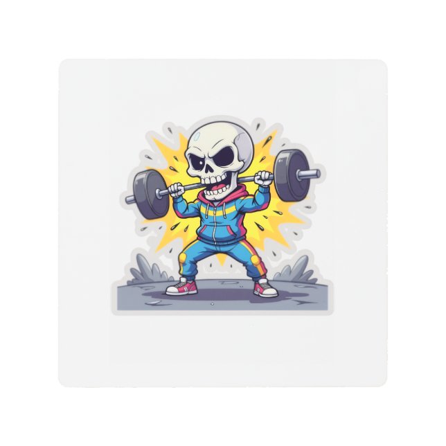 “Cute Cartoon Skeleton Weightlifter • Funny Gym Ba メタルプリント (正面)