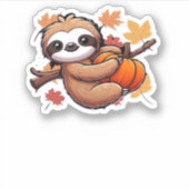 Cute Cartoon Sloth with Pumpkin - Autumn Season Ov シール (正面)