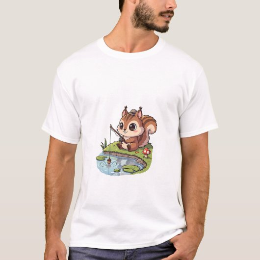 Cute Cartoon Squirrel Fishing with Acorn in Pond Tシャツ (正面)