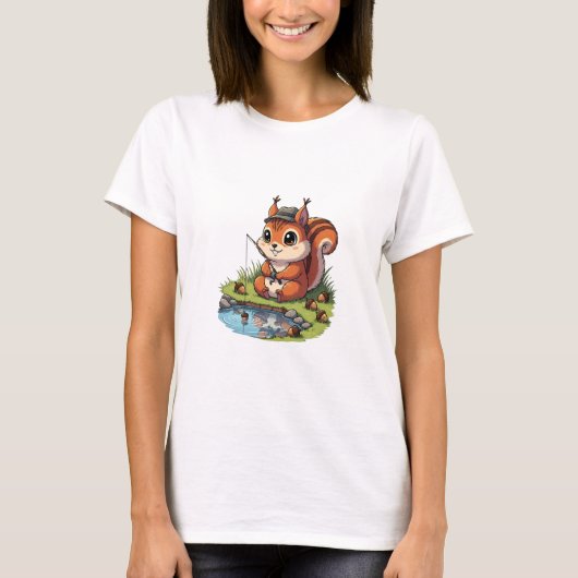 Cute Cartoon Squirrel in Hat Fishing with Acorn Tシャツ (正面)