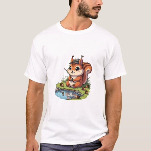 Cute Cartoon Squirrel in Hat Fishing with Acorn Tシャツ (正面)