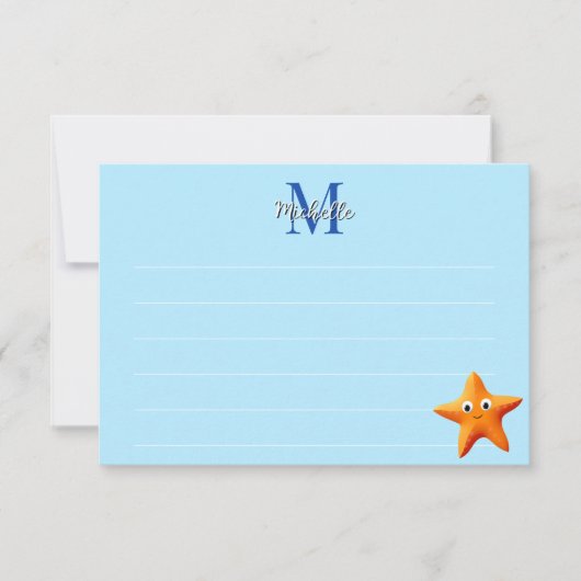 Cute Cartoon Starfish Blue Ocean Lined Monogram ノートカード (正面)