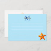 Cute Cartoon Starfish Blue Ocean Lined Monogram ノートカード (正面/裏面)