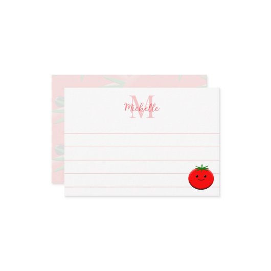 Cute Cartoon Tomato Custom Lined Monogram ノートカード (正面/裏面インサイチュ)