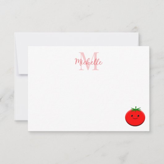 Cute Cartoon Tomato Custom Monogram ノートカード (正面)