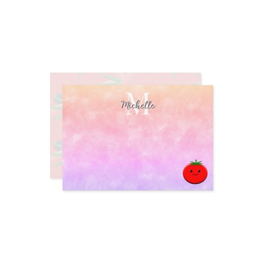 Cute Cartoon Tomato Watercolor Custom Monogram ノートカード (正面/裏面インサイチュ)